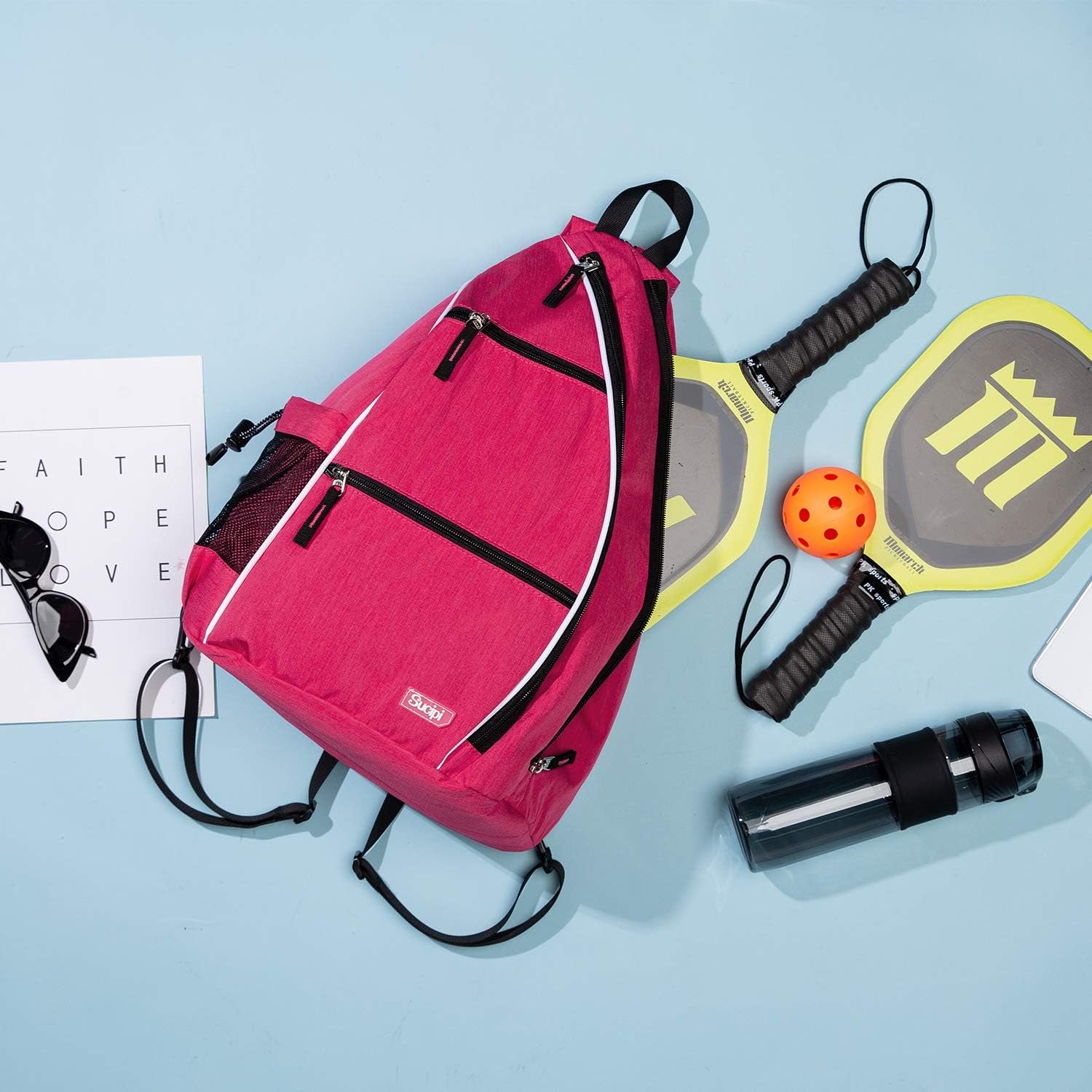 Reversible Sling Bag for Pickleball & Racketball - Travel Sport Sling Backpack for Women - Pink