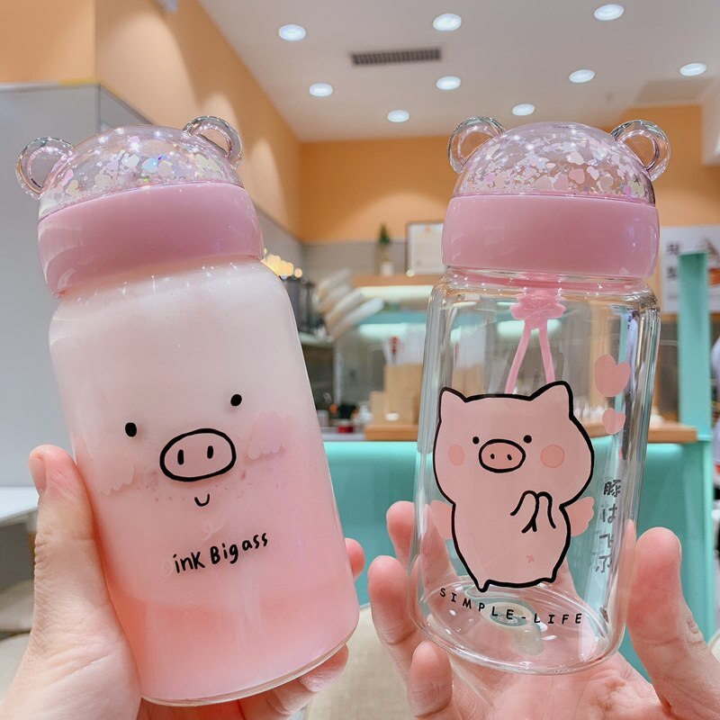 Creative Sequins Pig Glass Water Bottle